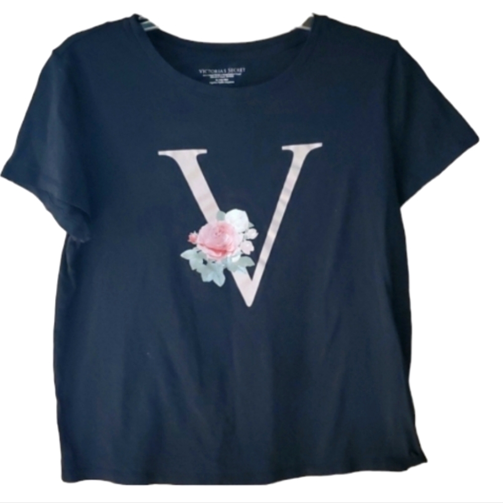 Victoria's Secret Black Initial with Floral Accent Short‎ Sleeve Shirt Size Med
